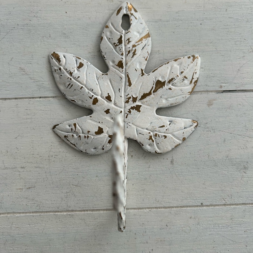 Handpainted Distressed White and Brass Leaf Hook